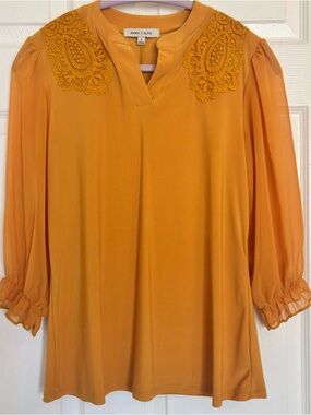 Emma & Olive Lace-Shoulder V-Neck Blouse in Mustard